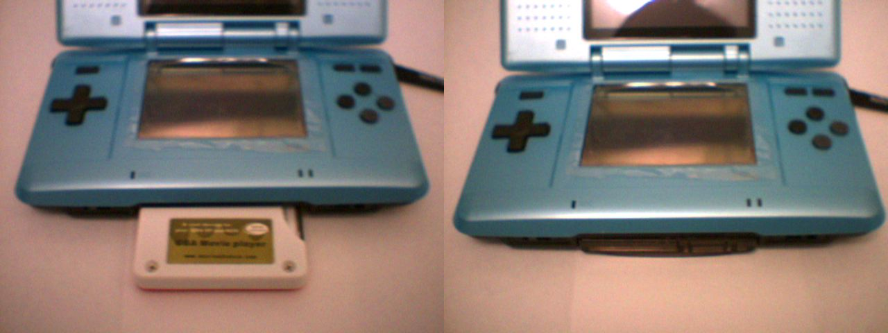 Comparison of a GBAMP (left) and a GBA flash cart (right) inserted into a DS